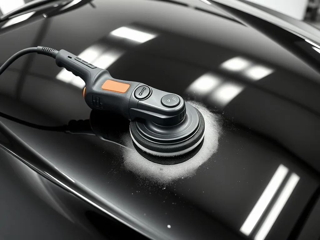 Professional dual action polisher on a black car hood with v
