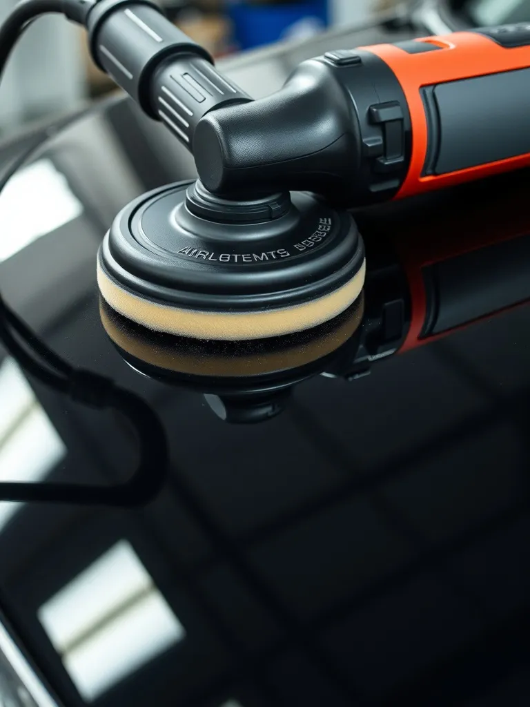 Close-up of a professional car polishing machine on a black